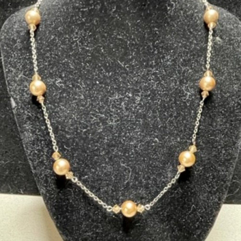 Austrian Crystal, faux Mocha Pearls on a Silver Chain, Authentication tag 40's